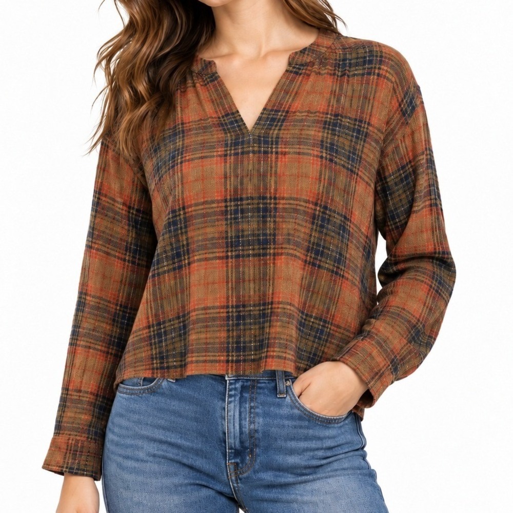 Madewell Women's Plaid Blouse Brown Orange M V-Neck Long Sleeve Fall Boho